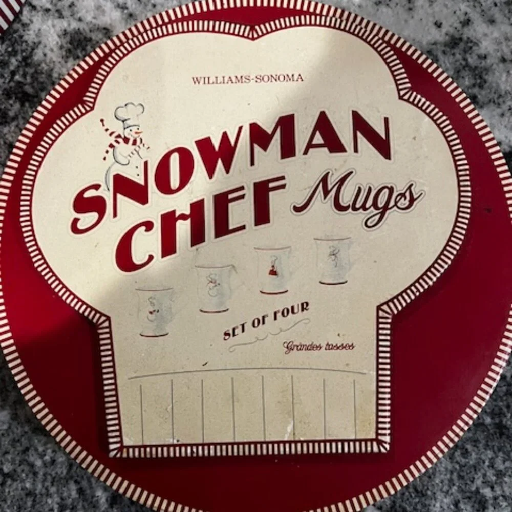 4 Williams Sonoma Snowman Chef Mugs, retired holiday pattern snowman chefs & box
